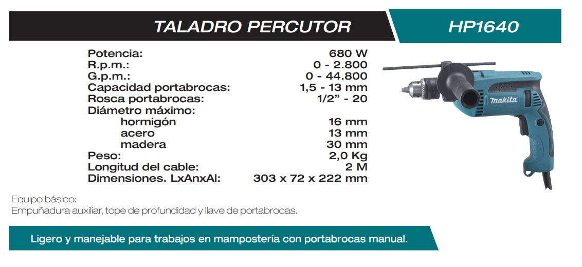 Características técnicos del taladro eléctrico Makita HP1640