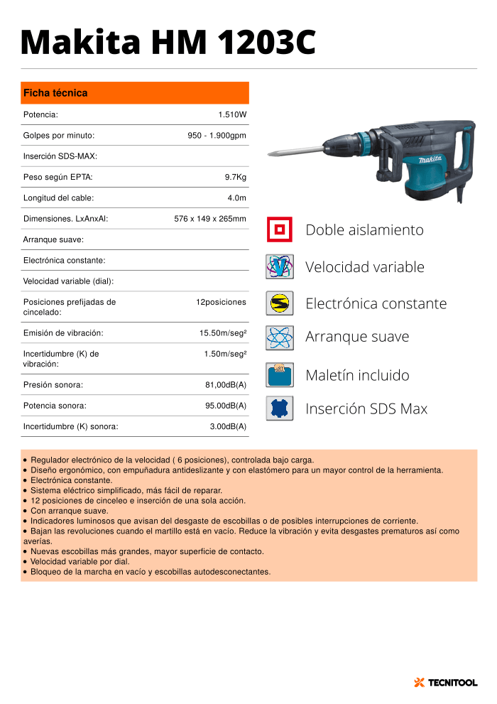 Ficha técnica martillo demoledor eléctrico Makita HM1203C