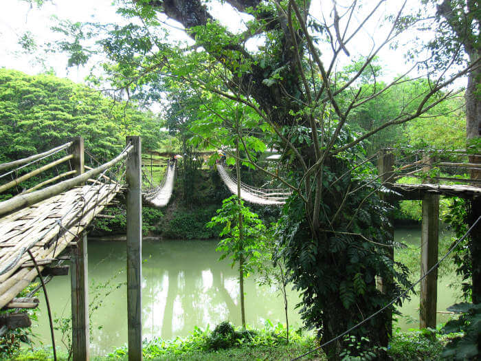 Personas cruzan un río por un puente colgante de bambú
