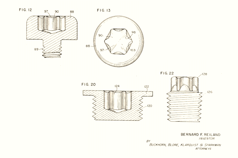 Dibujos de la patente del tornillo Torx de 1971