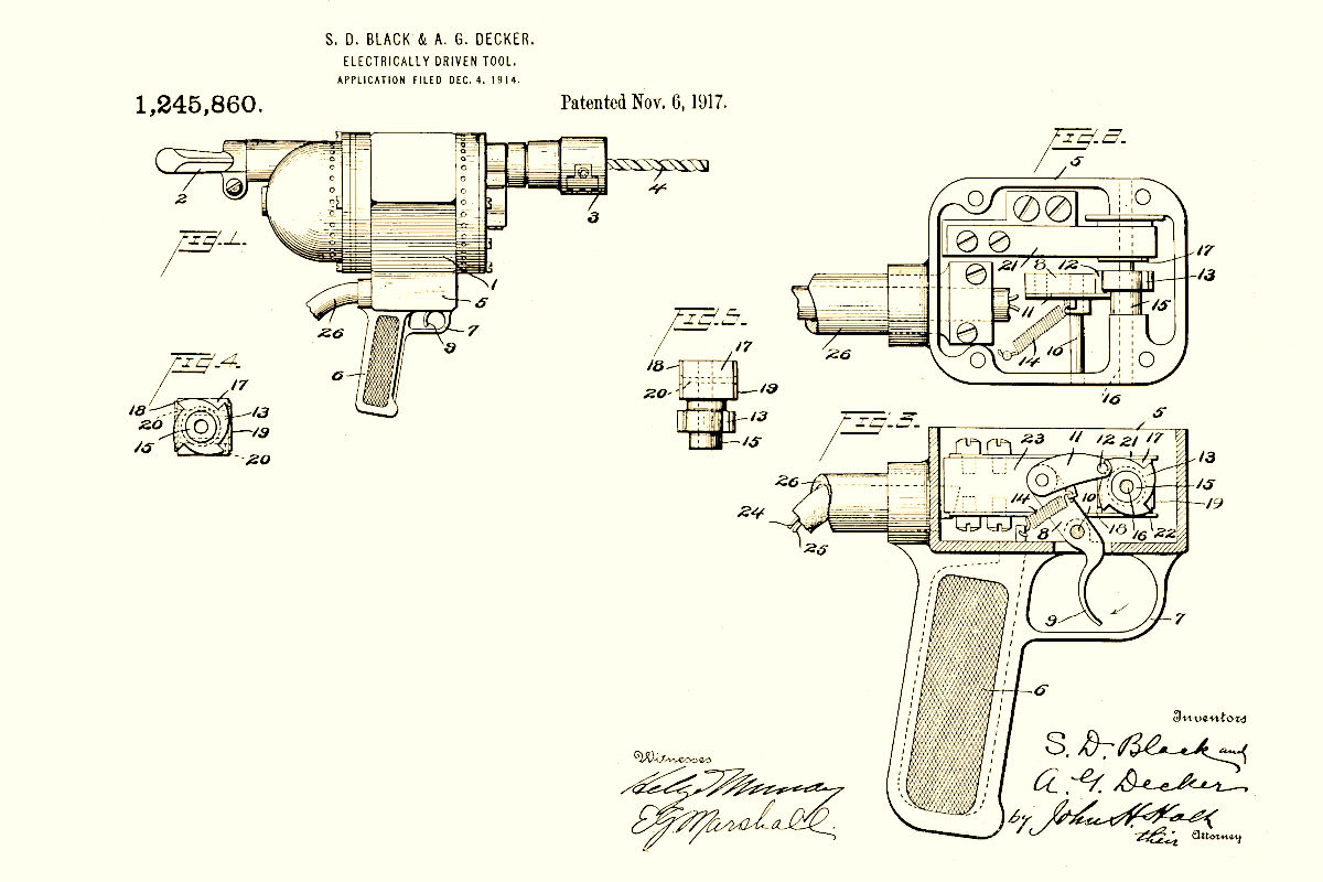 Patente del taladro eléctrico de Black & Decker de 1917