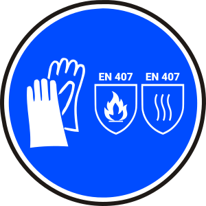 señal de uso obligado de guantes térmicos para protección contra el calor y el fuego