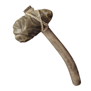 hacha del paleolítico fabricado con piedra, cuerda y madera