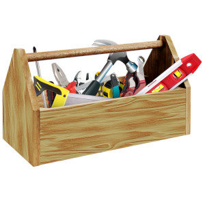 caja de madera con varias herramientas de bricolaje en su interior